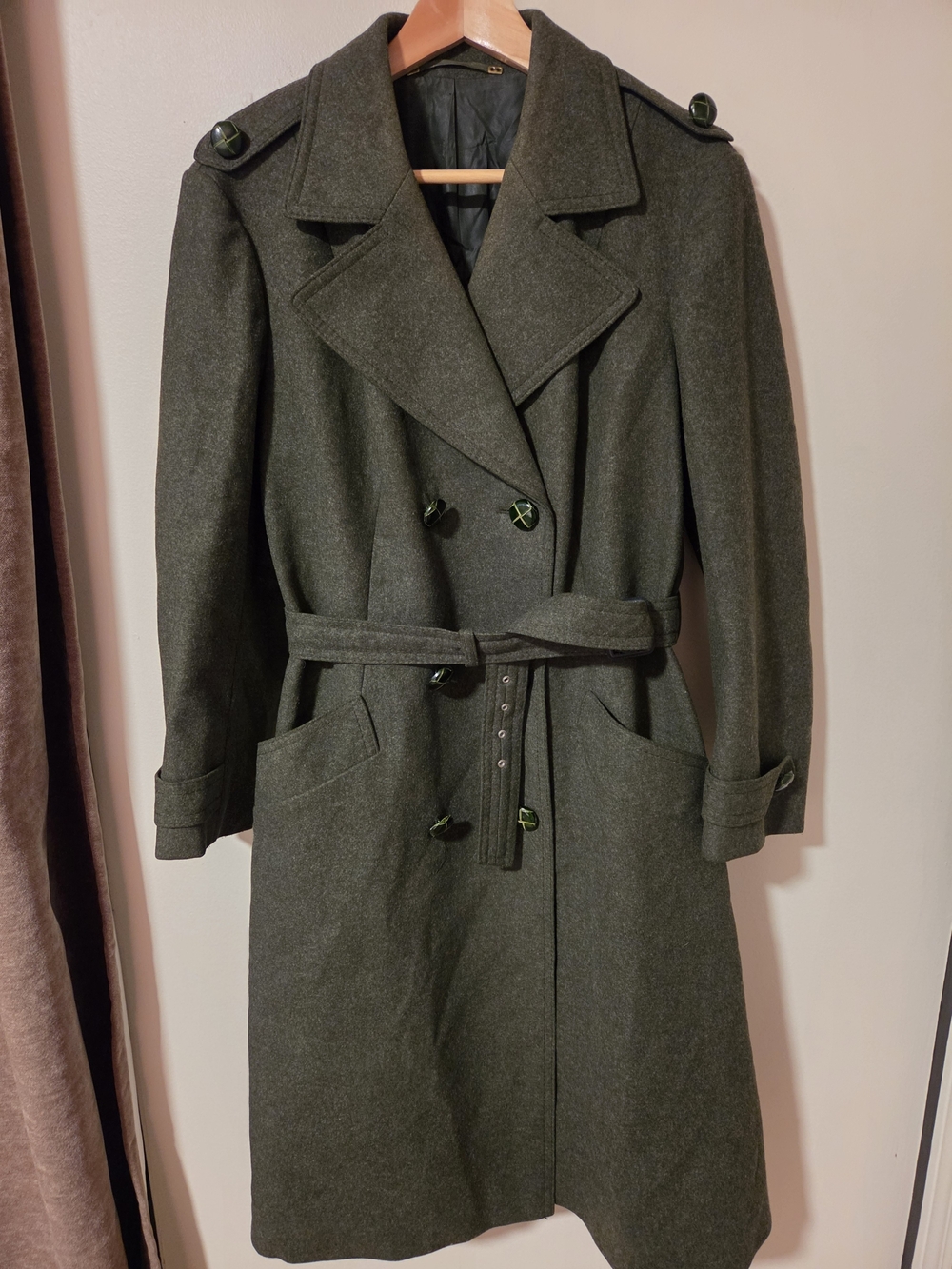 Wool-Blend Olive Trench Coat with Belt